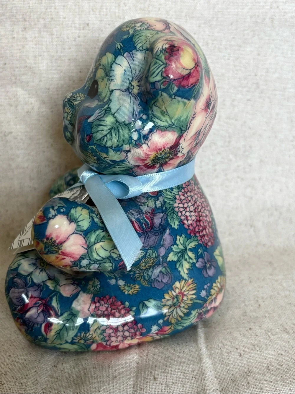 Joan Baker Porcelain Patchworks Teddy Bear Figurine with Blue Floral Pattern
